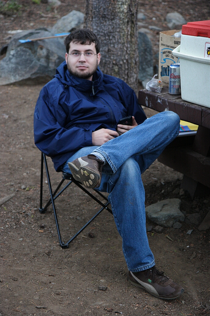 Charles relaxes in my folding BMW chair.