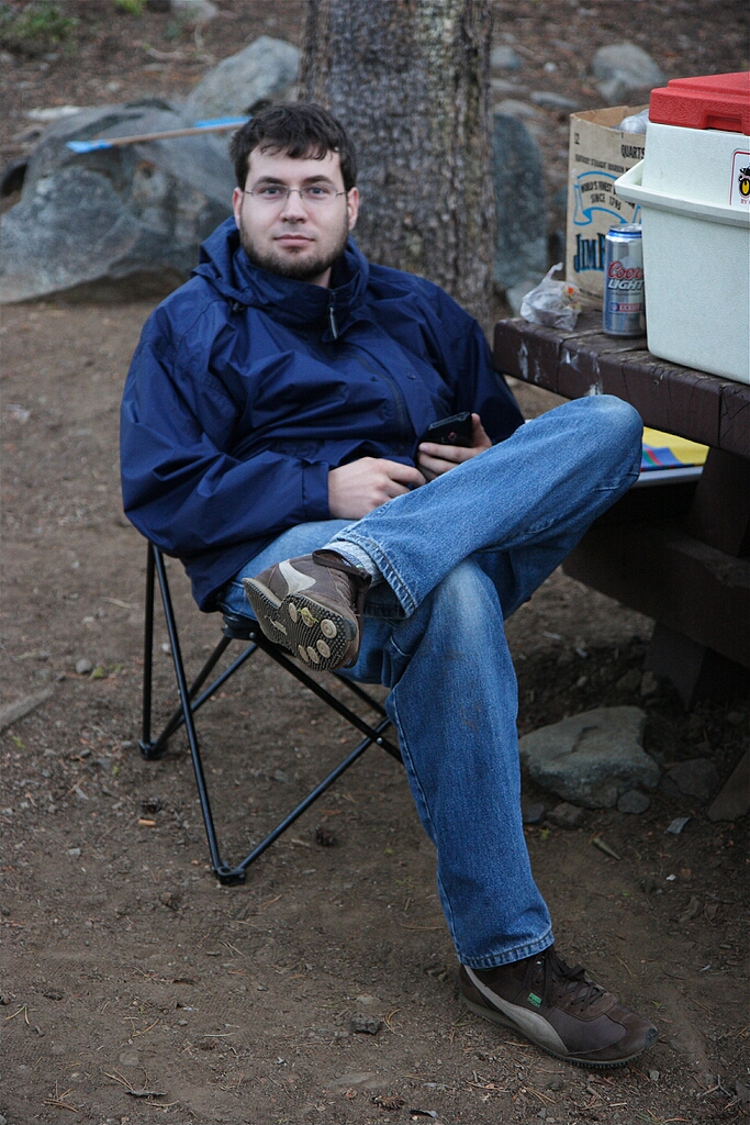 Charles relaxes in my folding BMW chair.