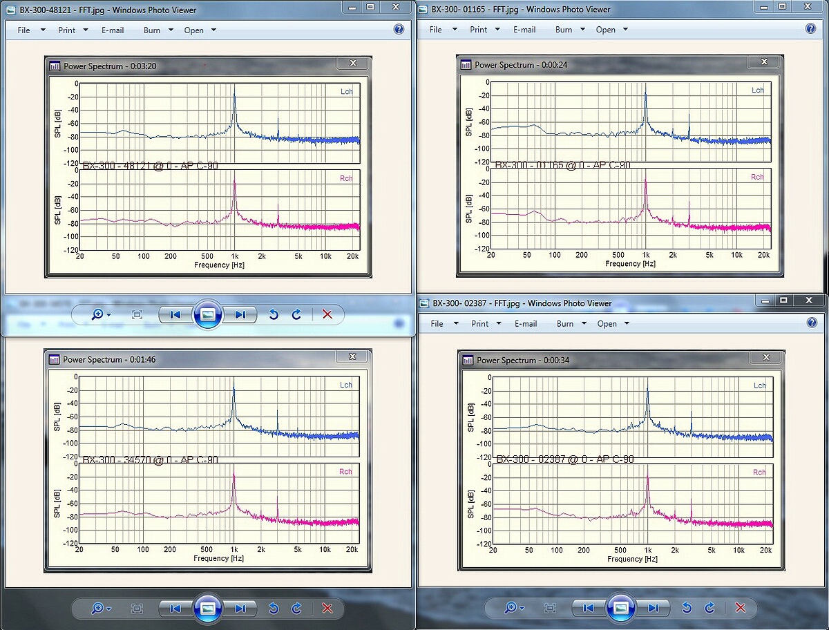 Comparing four different Nakamichi BX-300 cassette decks showing their 0 dB level harmonic structure with a 1 KHz tone.