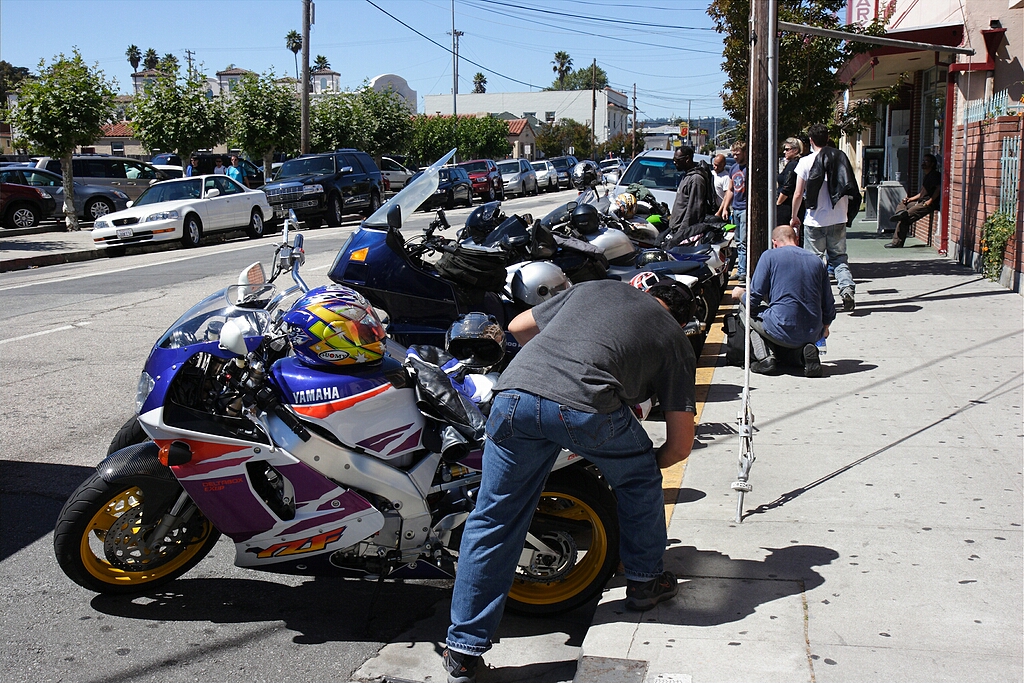 An assortment of bikes from the "Mad Dog" motorcycle club of the East Bay Area.  My fried Richard Gibbon can be seen at the far end of the lineup in a white T-shirt.