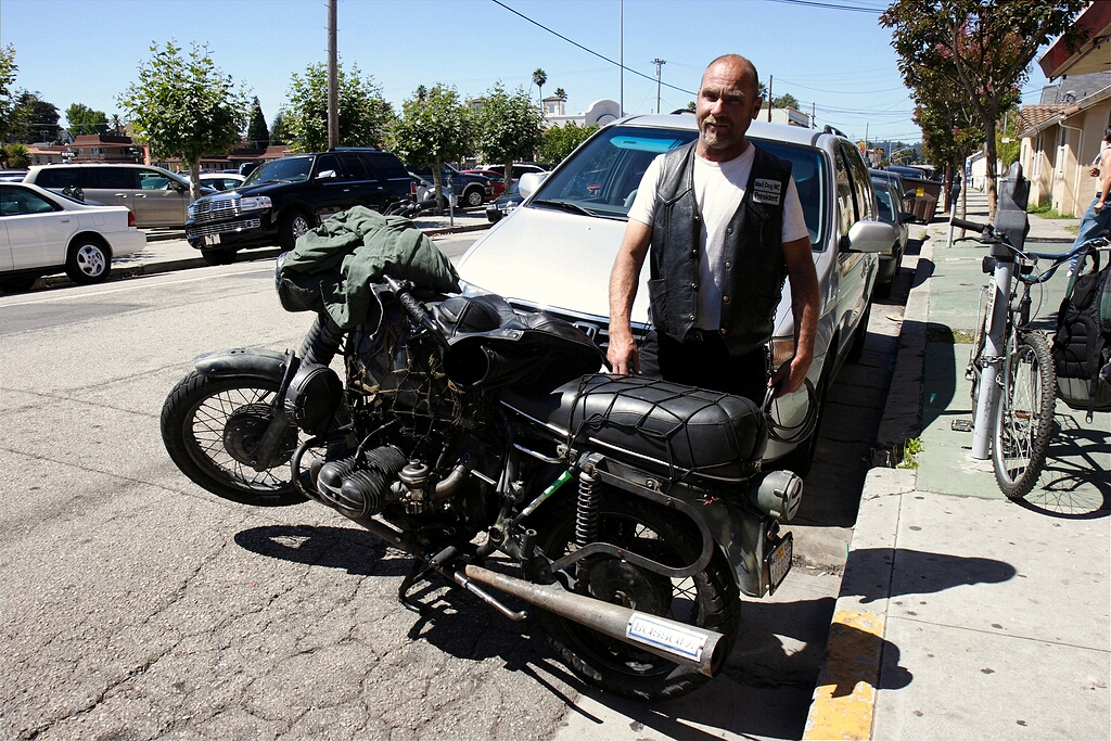 Richard and "Klaus," his trusty and pseudo-military R75/5 - runs just fine and just ticked over 90,000 miles on it.